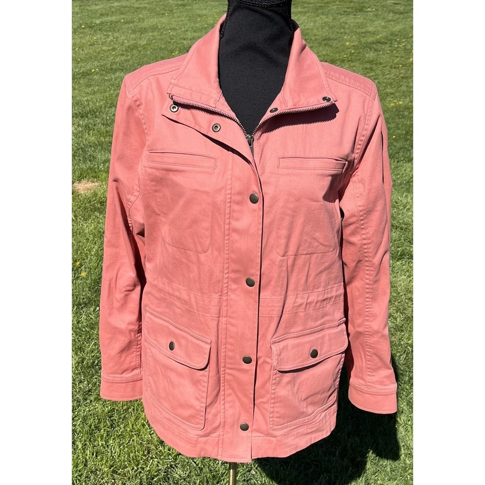 L.L.Bean Jacket Womens Petite Medium Pink Cotton Twill Full Zip Utility Pockets